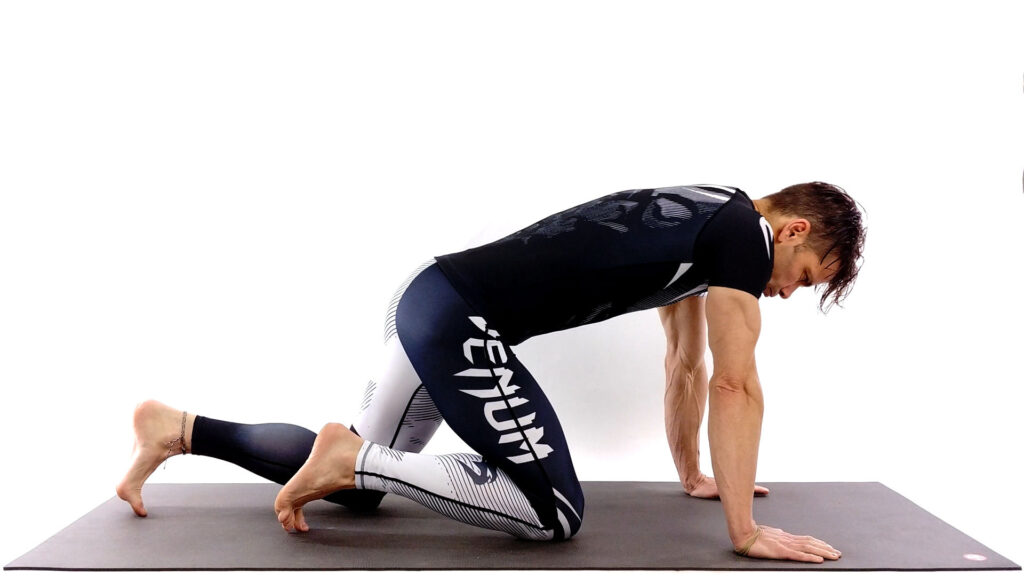 Person in athletic wear performing a yoga pose on all fours.
