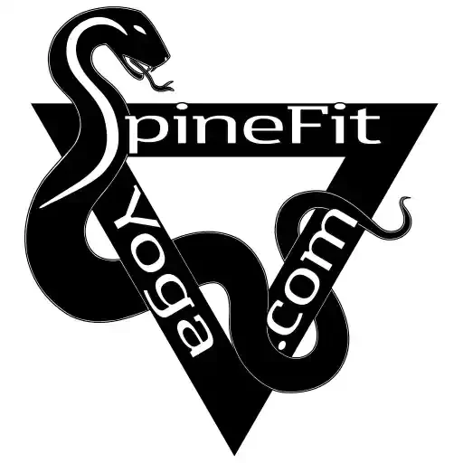 Logo featuring a black snake wrapped around a triangle with 'SpineFITyoga.com' text.